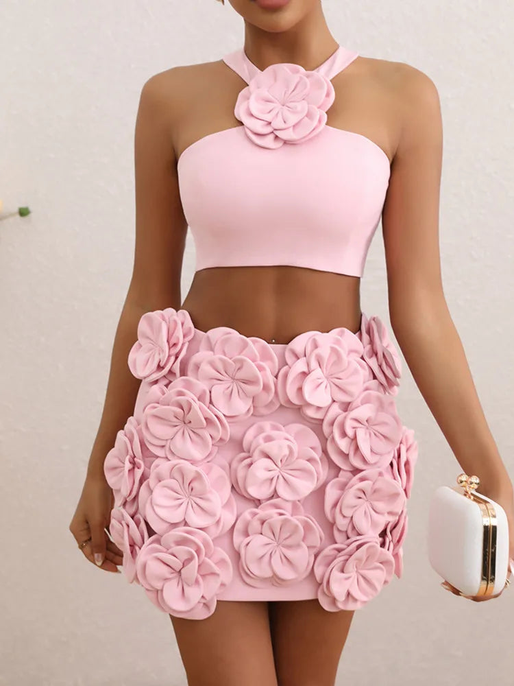 Women Celebrity Sexy Tank Flower Backless Pink Mini Summer Skirt Set 2024 Elegant Evening Club Party Outfits