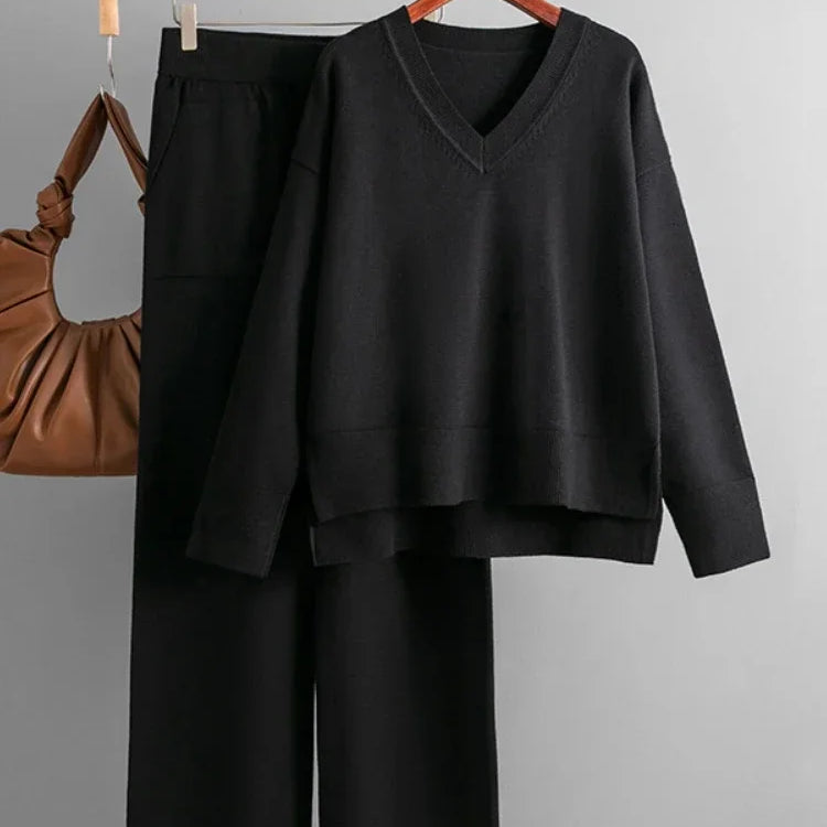 Knitted Sweater 2 Peice Set Women Winter Autumn Warm V-Neck Pullover Straight Jogging Pant Suits Casual Oversize Tracksuit Women black