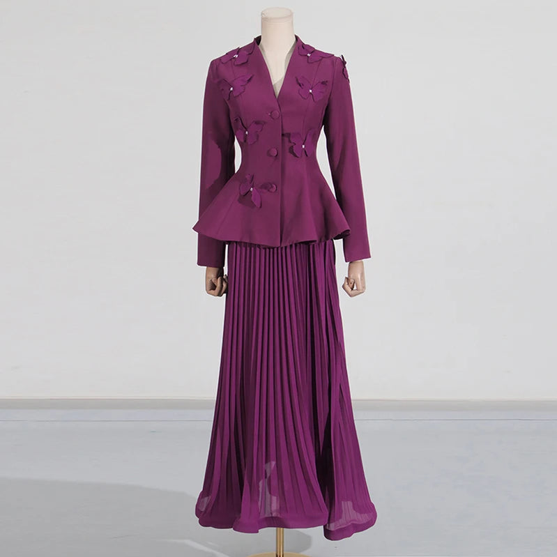 TWOTWINSTYLE Solid Two Piece Sets for Women V Neck Ling Sleeves Spliced Applique Top High Waist Patchwork Folds Skirt Set Female