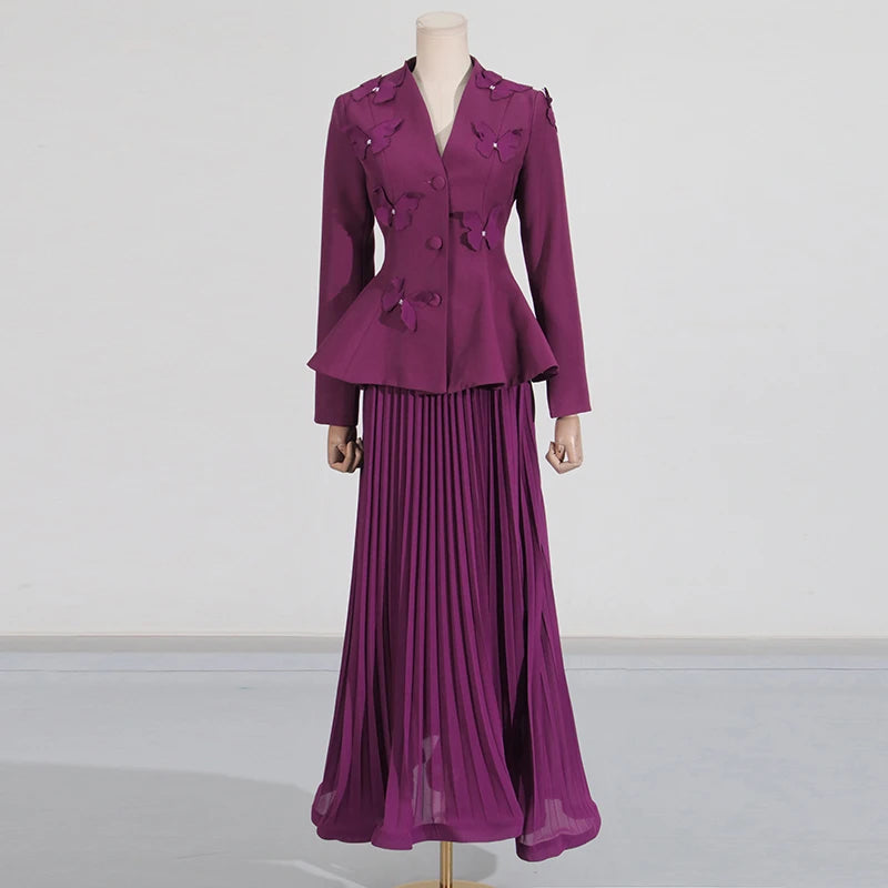 TWOTWINSTYLE Solid Two Piece Sets for Women V Neck Ling Sleeves Spliced Applique Top High Waist Patchwork Folds Skirt Set Female