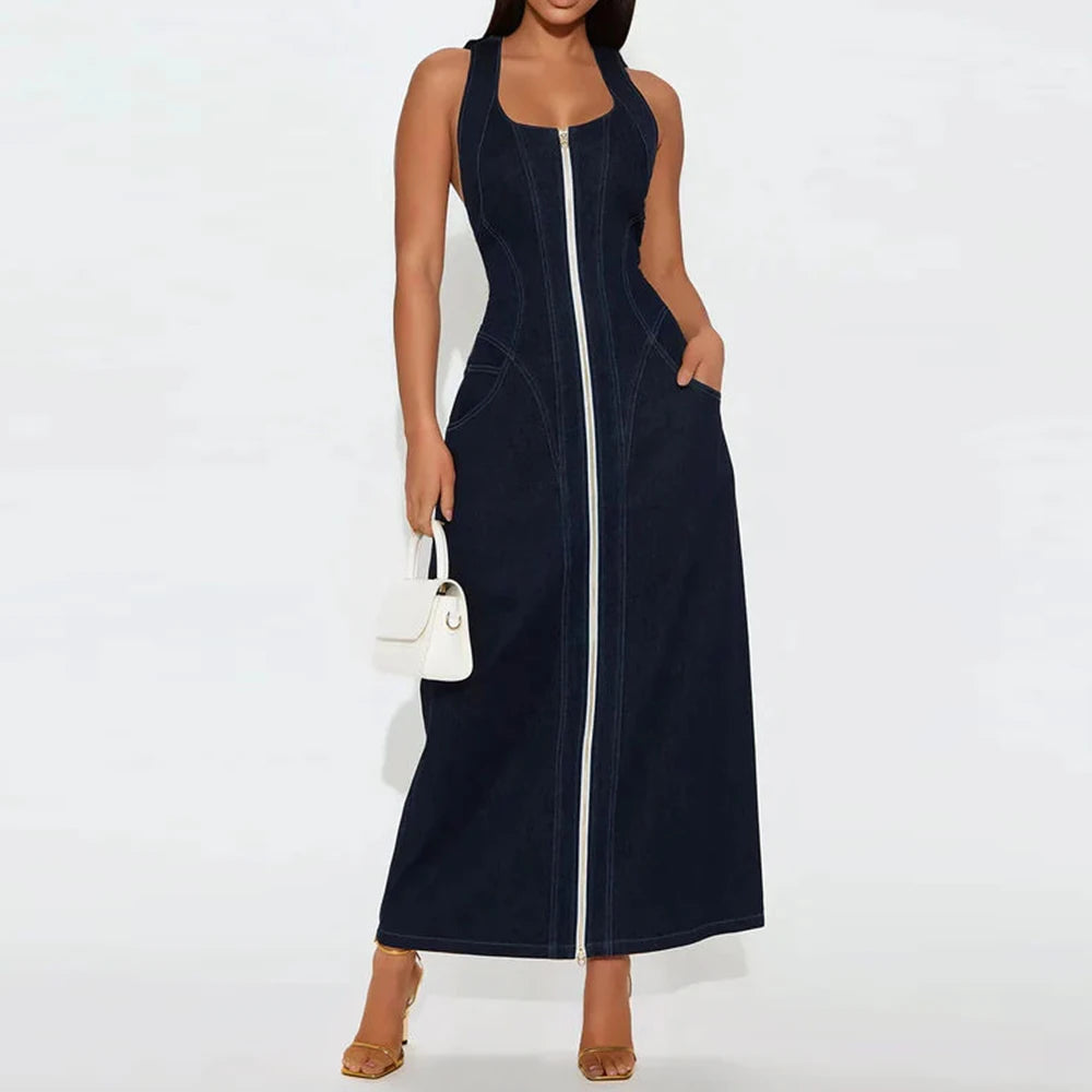 TWOTWINSTYLE Solid Slimming Spliced Zipper Cowboy Dresses for Women Halter Neck Sleeveless Temperament Dress Femlae Fashion New