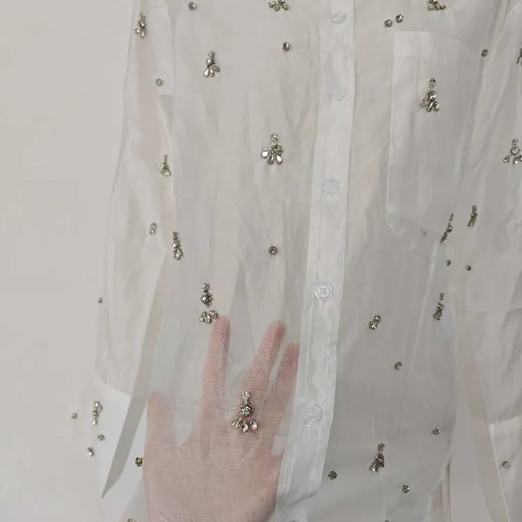 [EWQ] Rhinestone Decoration White Shirt Women Single Breasted Long Sleeve Perspective Office Lady Blusas 2023 Autumn Winter Top