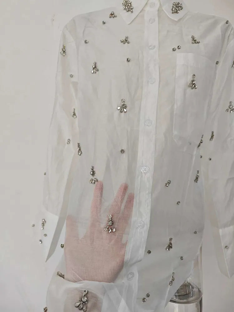 [EWQ] Rhinestone Decoration White Shirt Women Single Breasted Long Sleeve Perspective Office Lady Blusas 2023 Autumn Winter Top