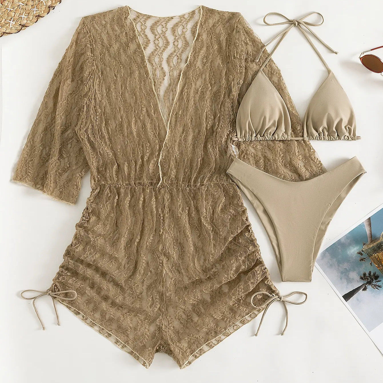 3 Pieces Bikini Tropical Print Swimsuit Halter Drawstring Side Swimwear Women 2023 Bathing Suit Female Swimming Summer Beachwear Xing