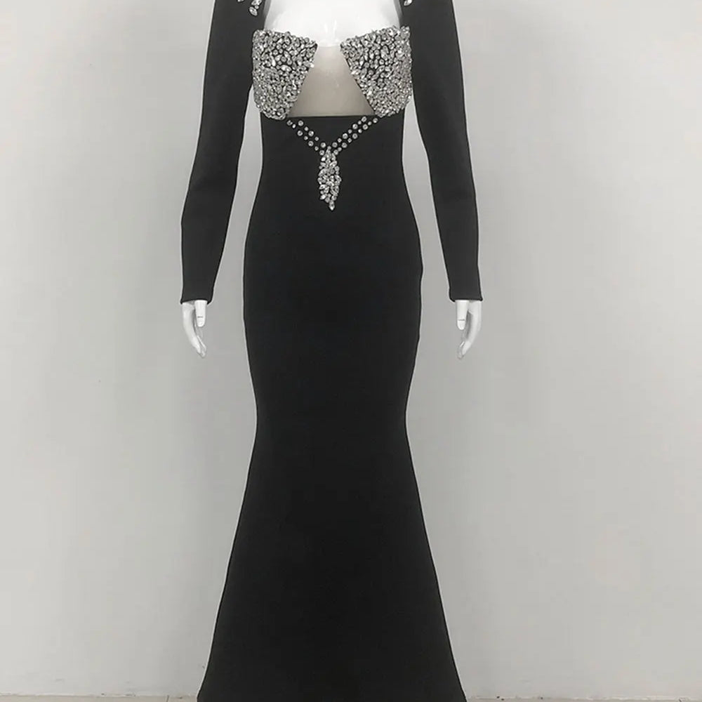 Elegant Light Luxury Nail Diamond Tail Dress Women Long Sleeve Bodycon Bandage Dress Celebrity Evening Party Long Dress Vestidos