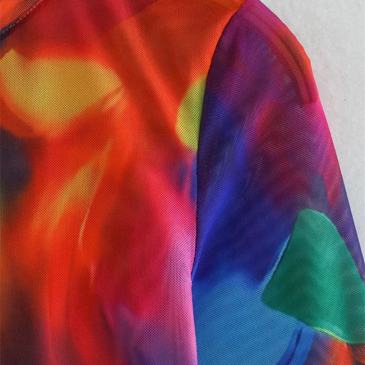 Zevity Women Vintage Ink Painting Graffiti Print Mesh Yarn Slim Bodysuits Ladies Sexy Perspective Playsuits Mujer Rompers LS2633