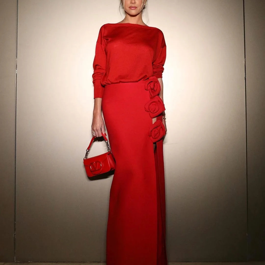 New Arrival Rose Decoration Sexy High Split Red Bandage Long Shikt Fashion Graceful woman Item Evening Party Outfit