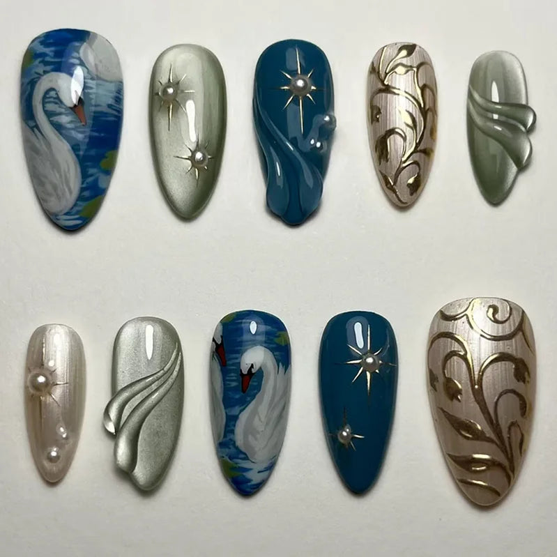 24pcs Dark Blue Press on Nails Starnight Swan Print Sweet Cool False Nails for Girl Wearable Reusable Almond Fake Nail Tips