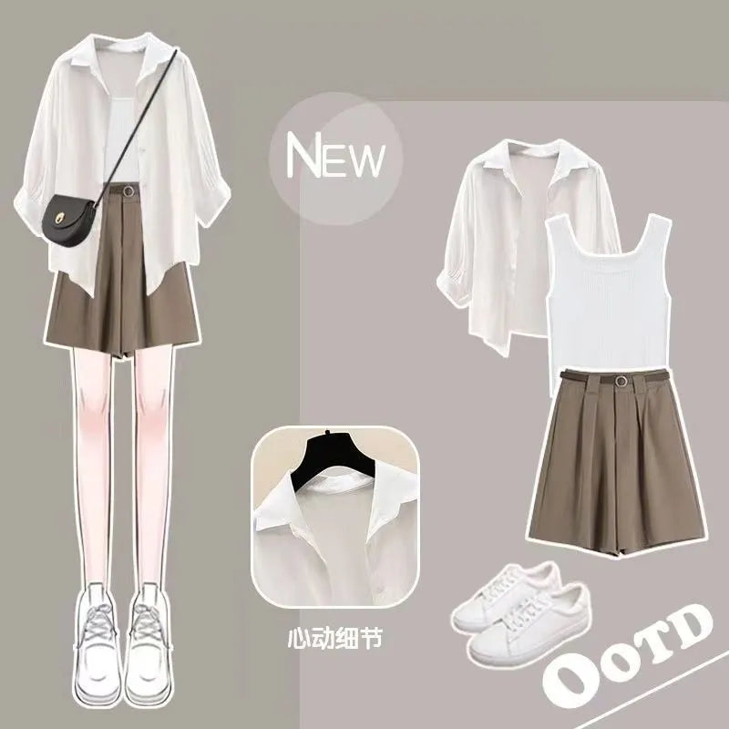 Women's Tracksuit Suit Summer Casual Sunscreen Shirt Top Vest Shorts Three Piece Korean Chic Blouse Pants Matching Set Set 07