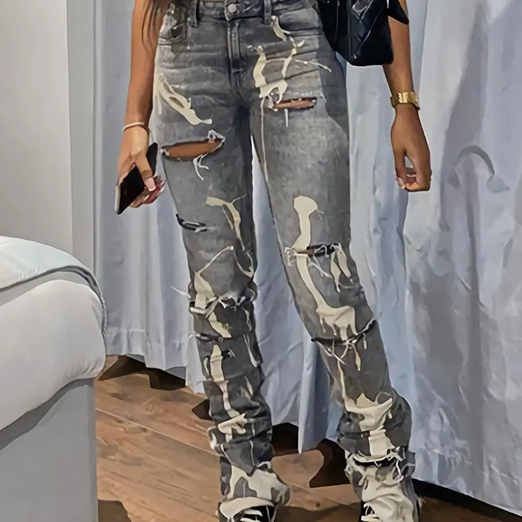 Casual Ripped Hole Jeans Women Fashion Gray Print High Waist Denim Skinny Trousers Streetwear Bottoms Y2K Stacked Pants