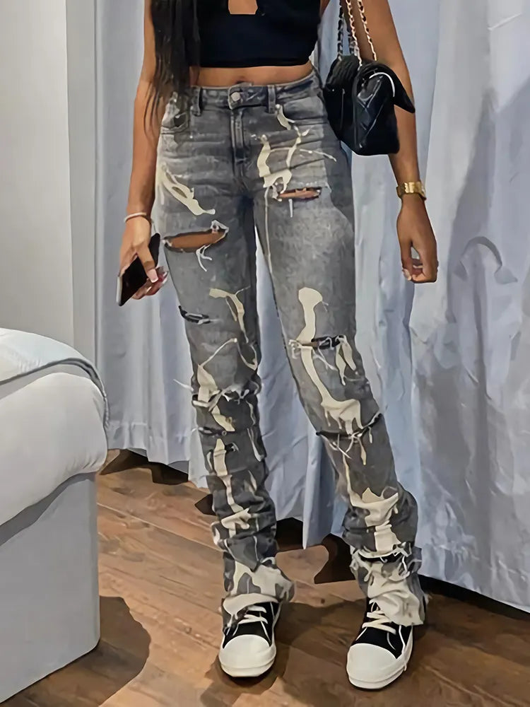Casual Ripped Hole Jeans Women Fashion Gray Print High Waist Denim Skinny Trousers Streetwear Bottoms Y2K Stacked Pants