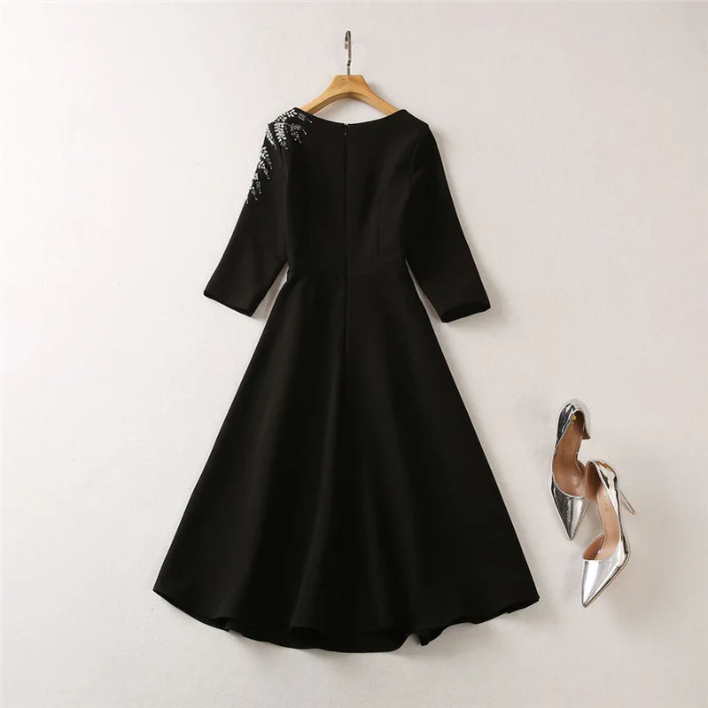 TWOTWINSTYLE Solid Slimming Elegant Dresses for Women Slash Neck Half Sleeves Patchwork Bead Temperament Dress Female Clothing