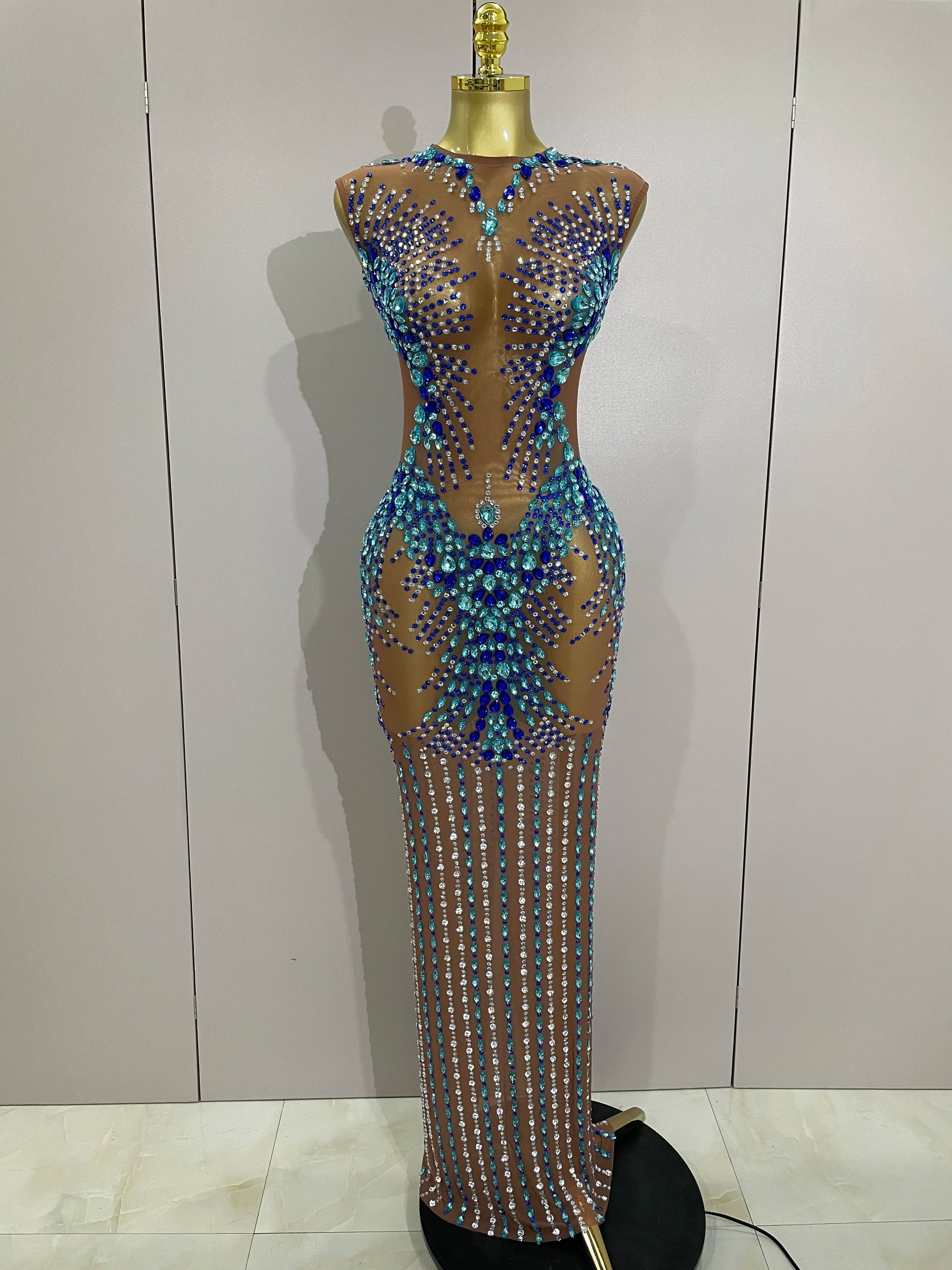 Luxury Sparkly Rhinestones Nude Sexy Mesh Maxi Dress 2025Women Evening Birthday Party Elegant Gown Show Red carpet Stage Costume