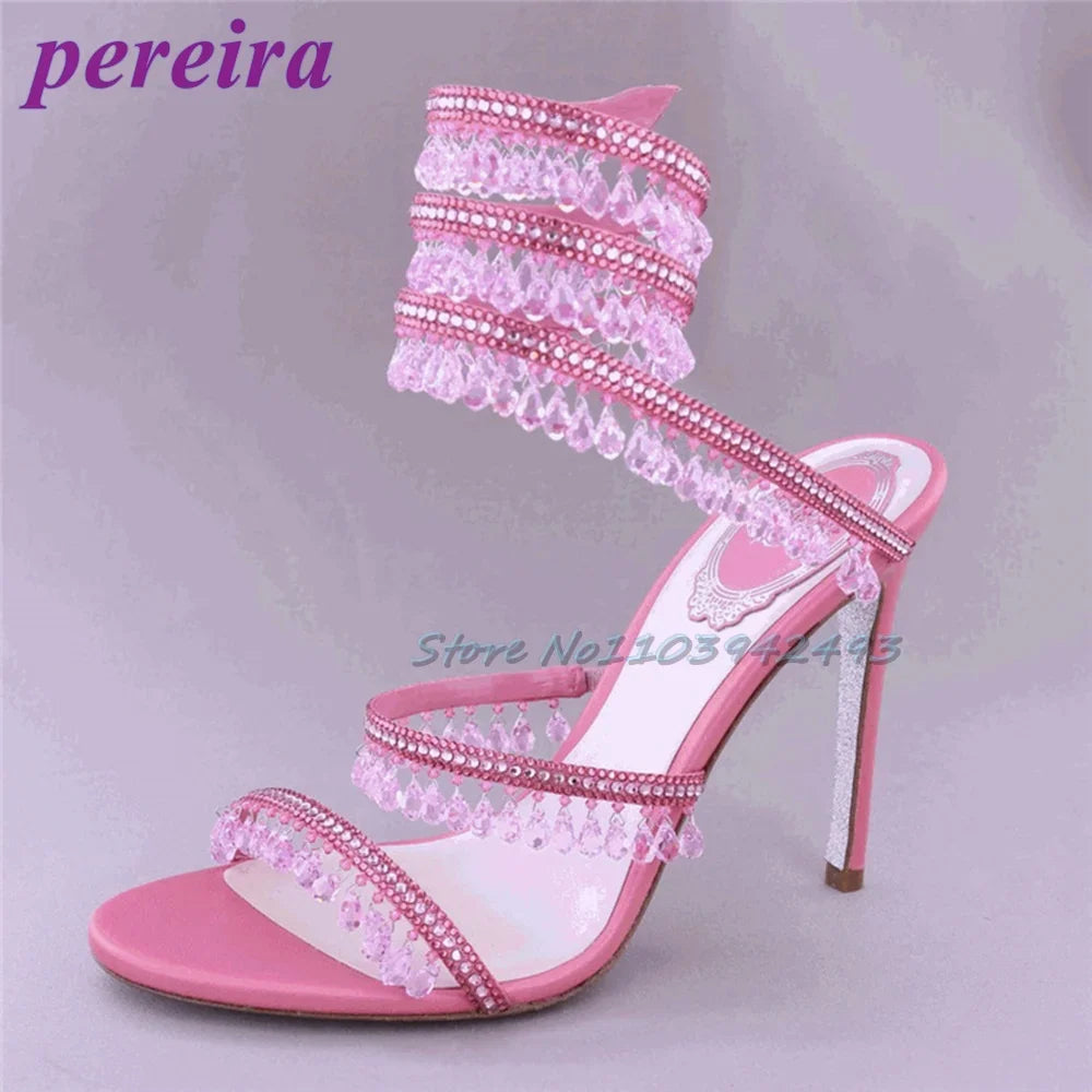Snake-Shaped Heeled Sandals Open Toe Rhinestones Tassel High Heels Winding Pendant Designer Shoes Women Luxury Summer Dress 2025