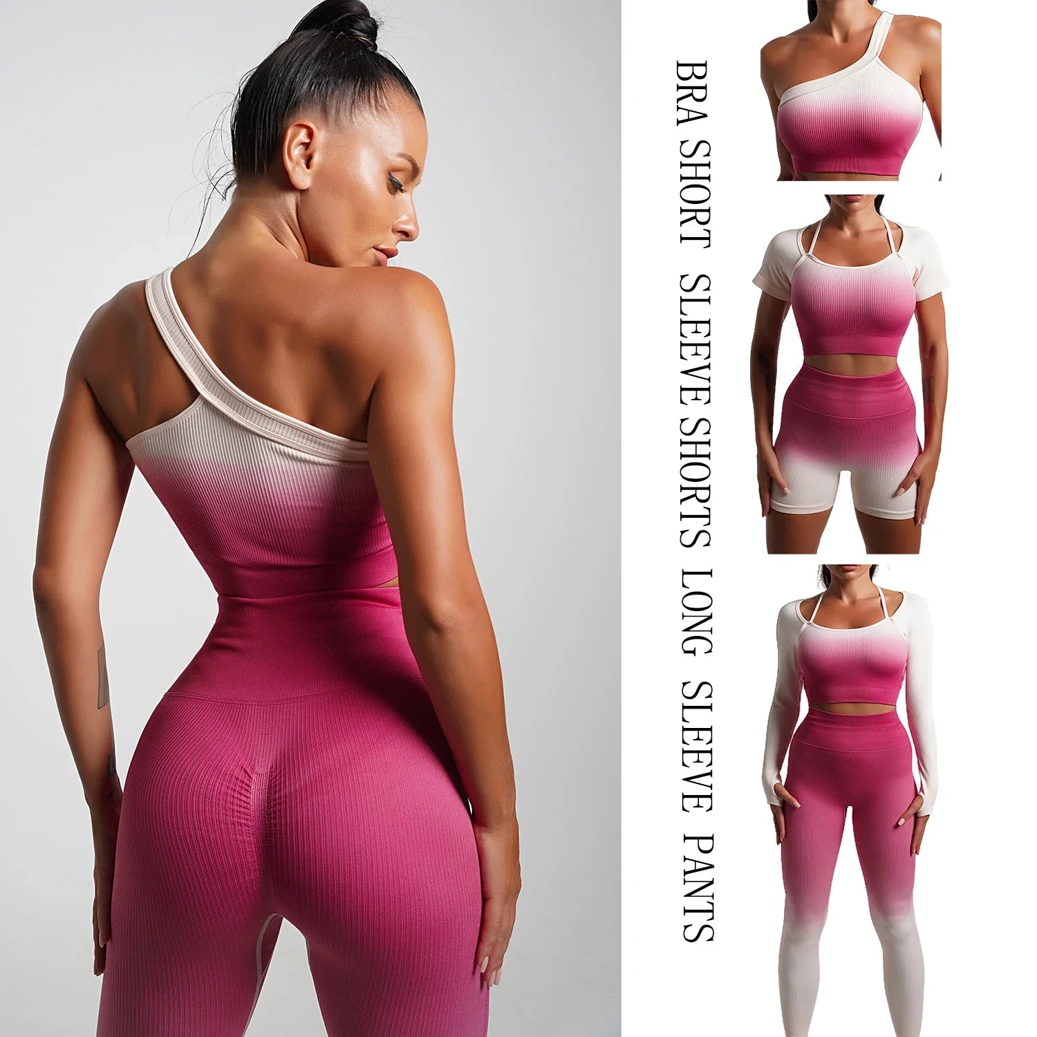 Seamless Gradient Yoga Sets Sports Fitness High Waist Hip-Lifting Pants Long-Sleeved Suits Workout Gym Leggings Sets for Women