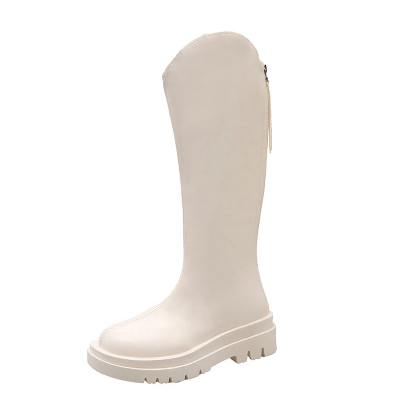 Winter British Round Toe Mid Heel Knight Boots PU Leather Breathable and Simple Versatile Coarse Heel Fashion Boots for Women Beige