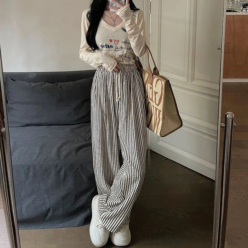 Spring Striped Straight Leg Pants Women Japan Style Full Length Drawstring Casual Versatile Office Lady Daily Trousers Female