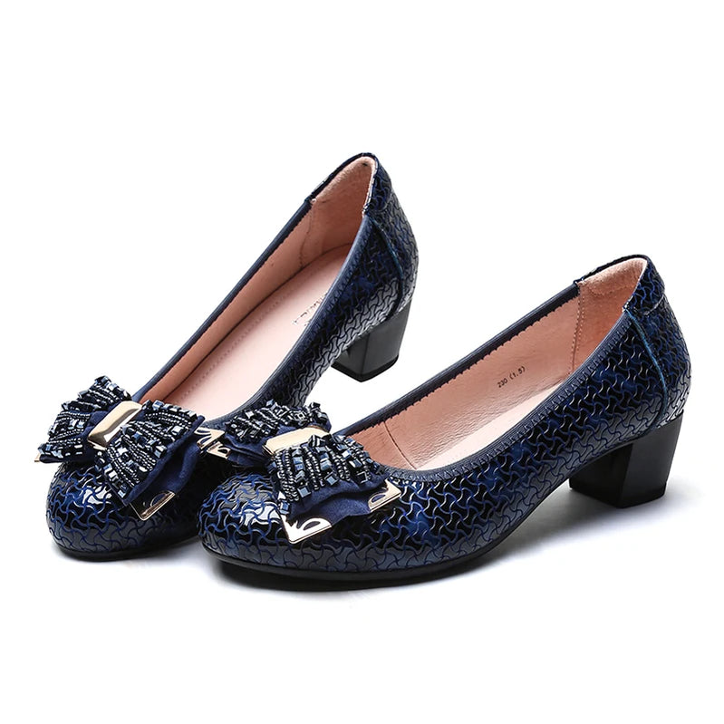 Pumps Women's Medium Heel Shoes Bow Heels Comfortable Women's Shoe Round Toe Shoes High Luxury Leather Elegant Moccassin Spring Blue