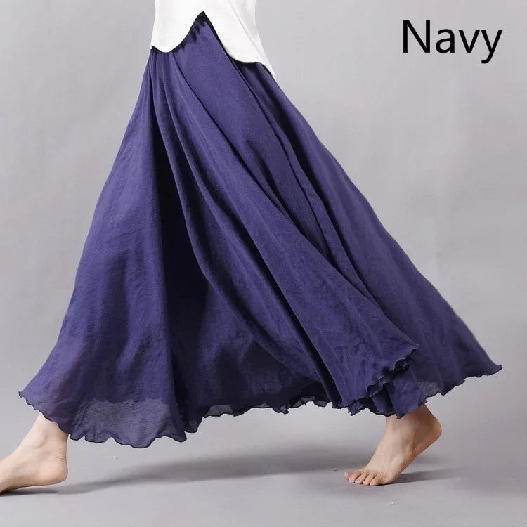 14 Colors Linen Maxi Skirt Pleated Vintage Boho Maxi Long Casual Cotton Beach Skirt Empire A-Line Linen Skirt Ladies Clothing navy One Size