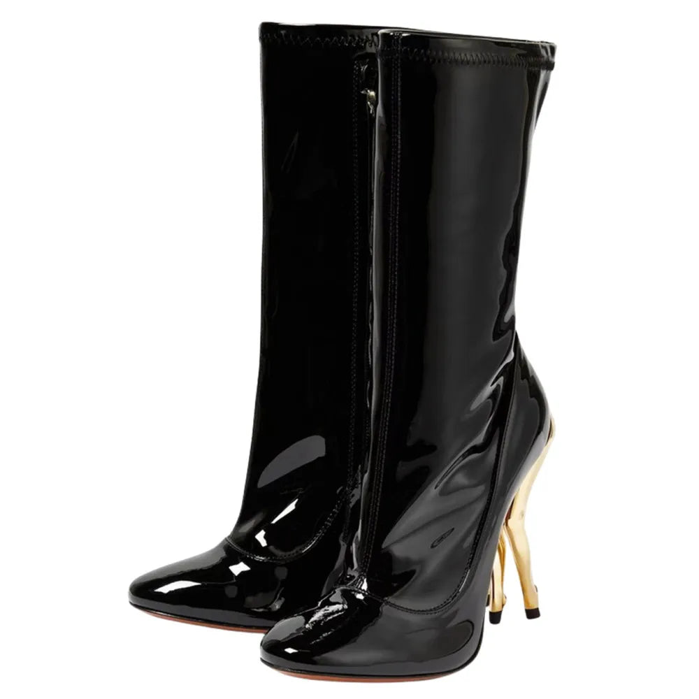 Women's New Lacquer Leather Black Show Irregular High Heel Knee Length Women's Boots Fashion Round Head Side Zipper Party Boots