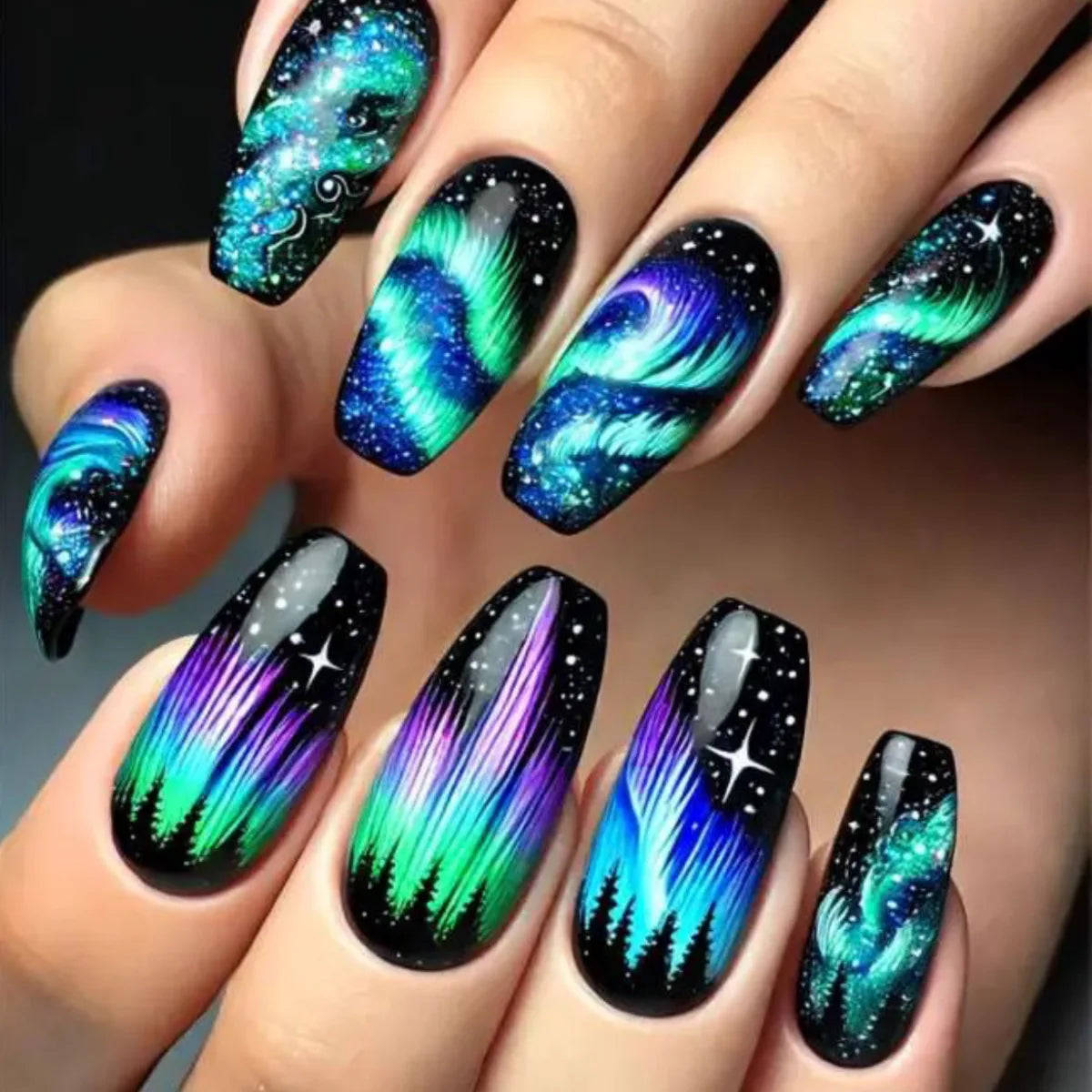 24pcs/set Medium long fake nails for women girls Y2K gradient purple blue yellow green square almond tips press on false nails