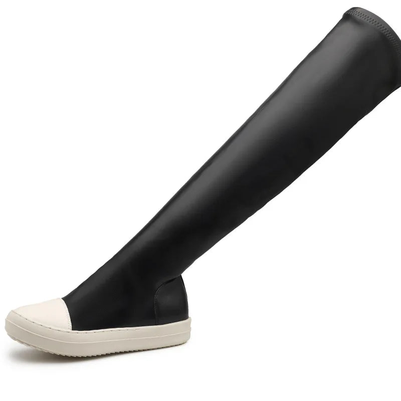 Women Stretch Tight Boots Flat Thick Bottom Shoes Women's Over-the-knee Boots Casual Black Leather Women's Thigh High Boots
