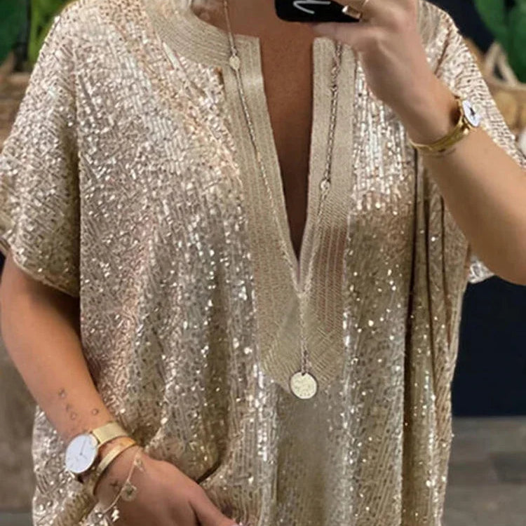 Women Blouses and Tops Large Size Designers Summer Short Sleeve V Neck Sequin Splic Long Shirts Womans Clothing