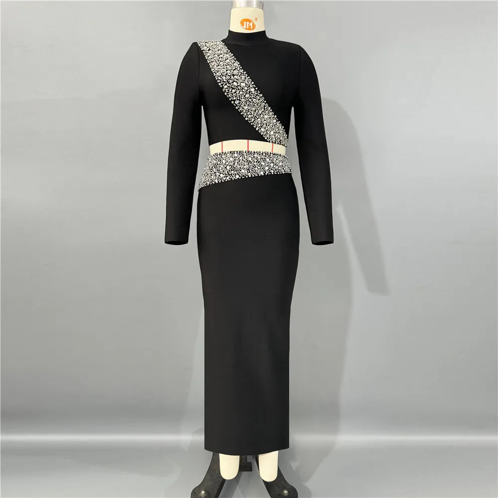 Black Red Women Long Sleeve Shinning Diamond 2 Pieces Bodycon Bandage Long Dress Elegant Normal Evening Party Outfit