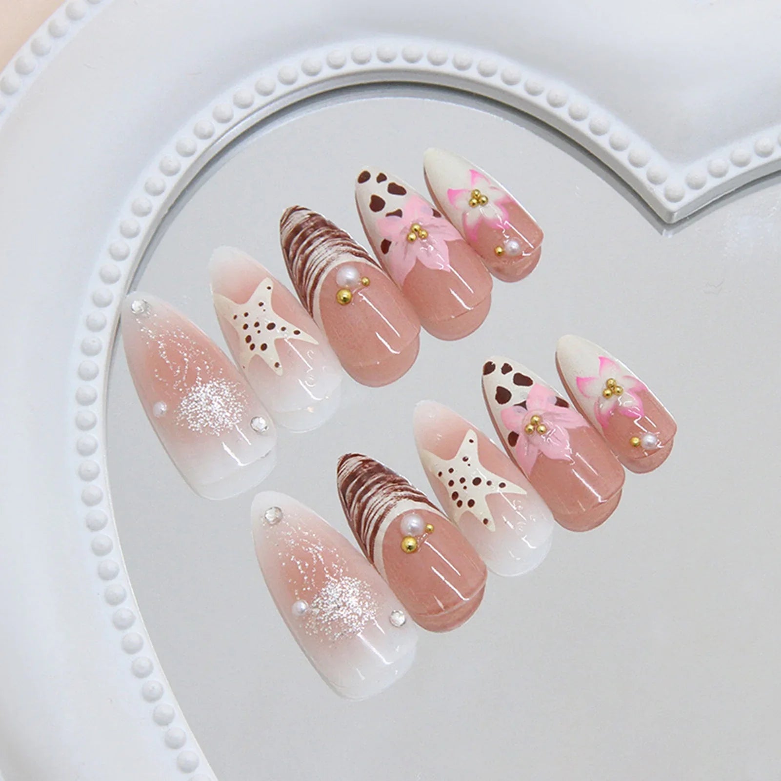 Blush Pink Almond Fake Nails 24Pcs Y2K Girls French Press On Nails Flower/Starfish Printed Full Cover Acrylic False Nails