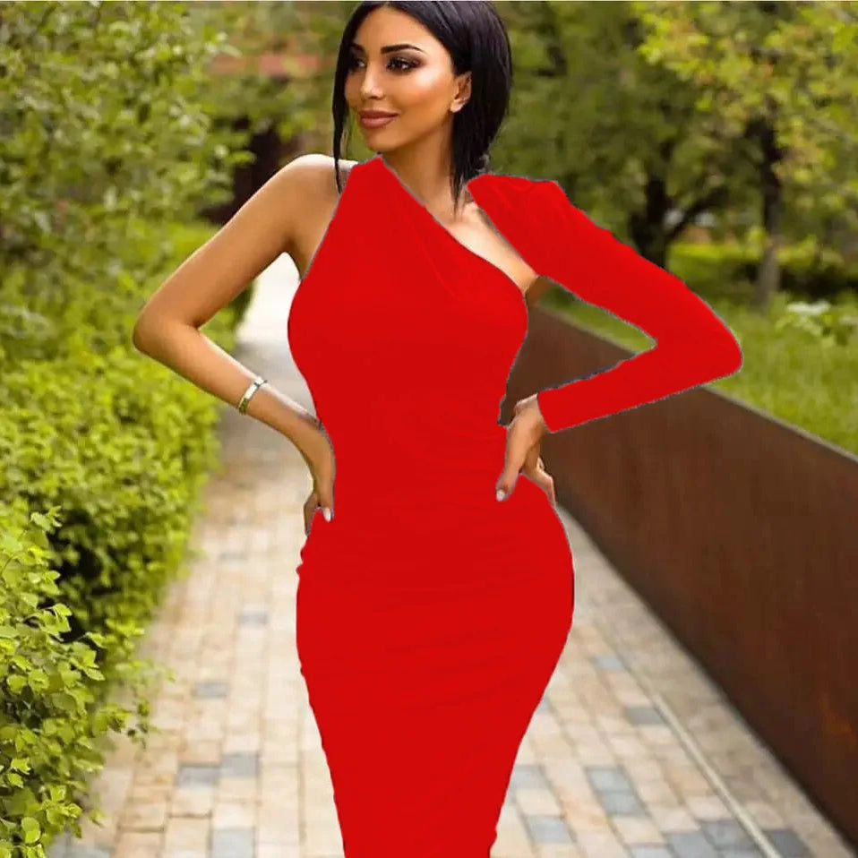 Woman Autumn Backless One Shoulder Sleeve Irregular Sexy Hollow Bandage Slim Long Sleeve Dresses