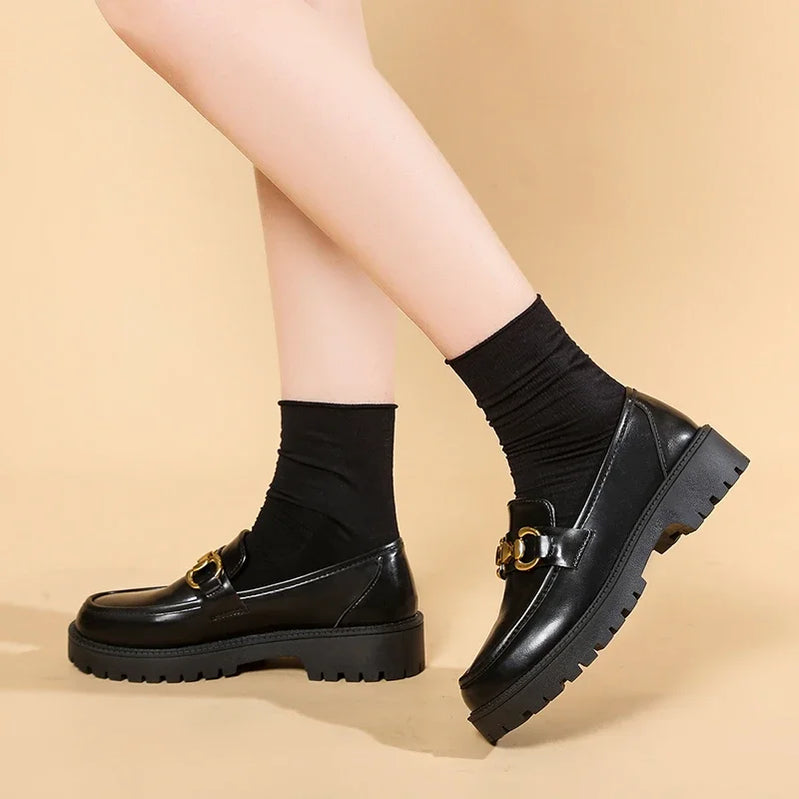 Women Loafers 2024 Spring Metal Button Black Platform Women's Shoes Fashion JK Lolita Soft Soled Student Office Leather Shoes