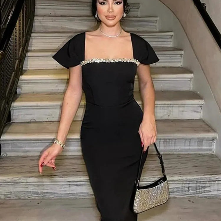 Women Celebrity Sexy Beading Diamonds Blue Red Black Maxi Long Bodycon Bandage Dress 2025 Elegant Evening Club Party Dress