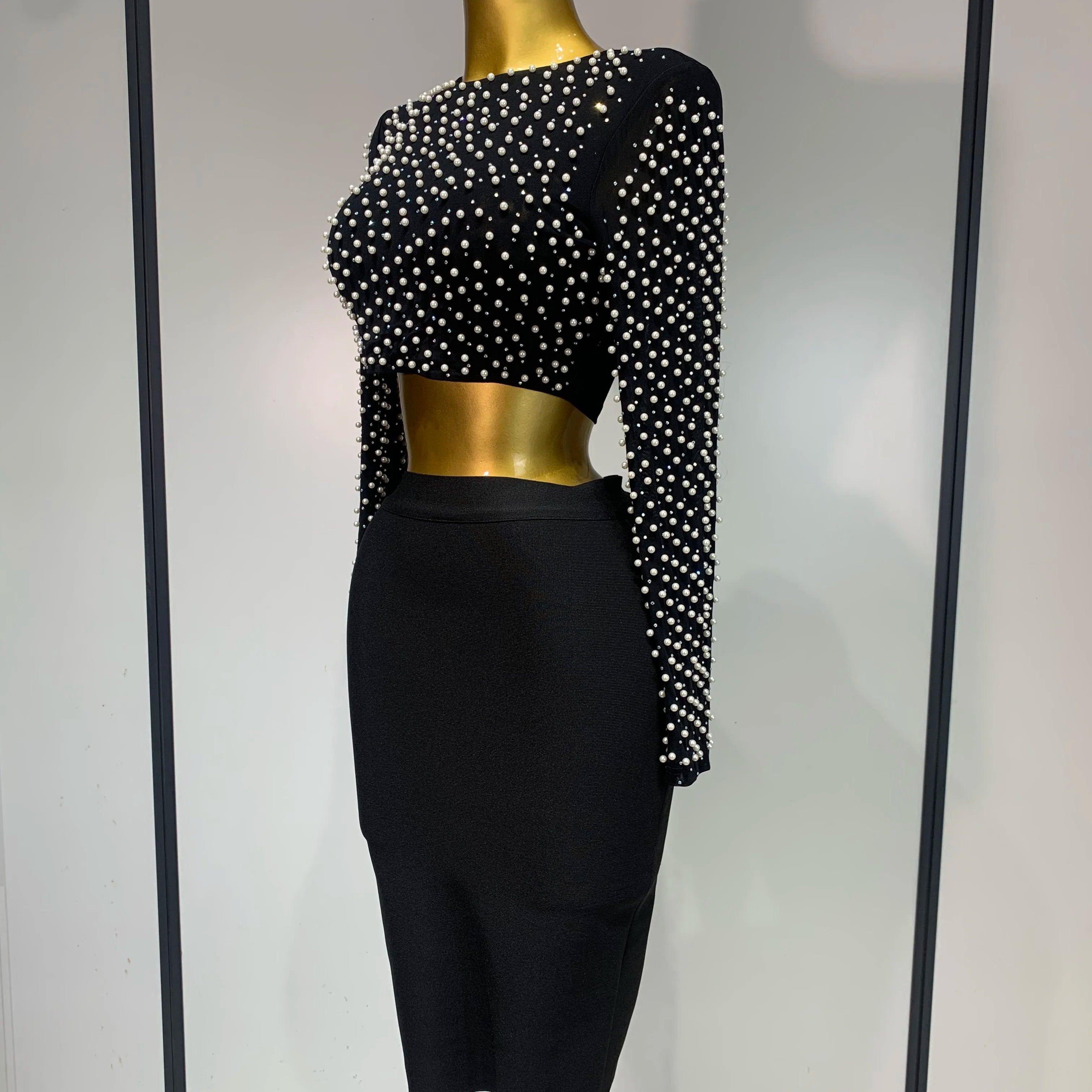 Women Sexy Long Sleeve Mesh Pearl Black Top Celebrity Midi Women Bandage Set 2025 Designer Evening Party Birthday Two Piece Set
