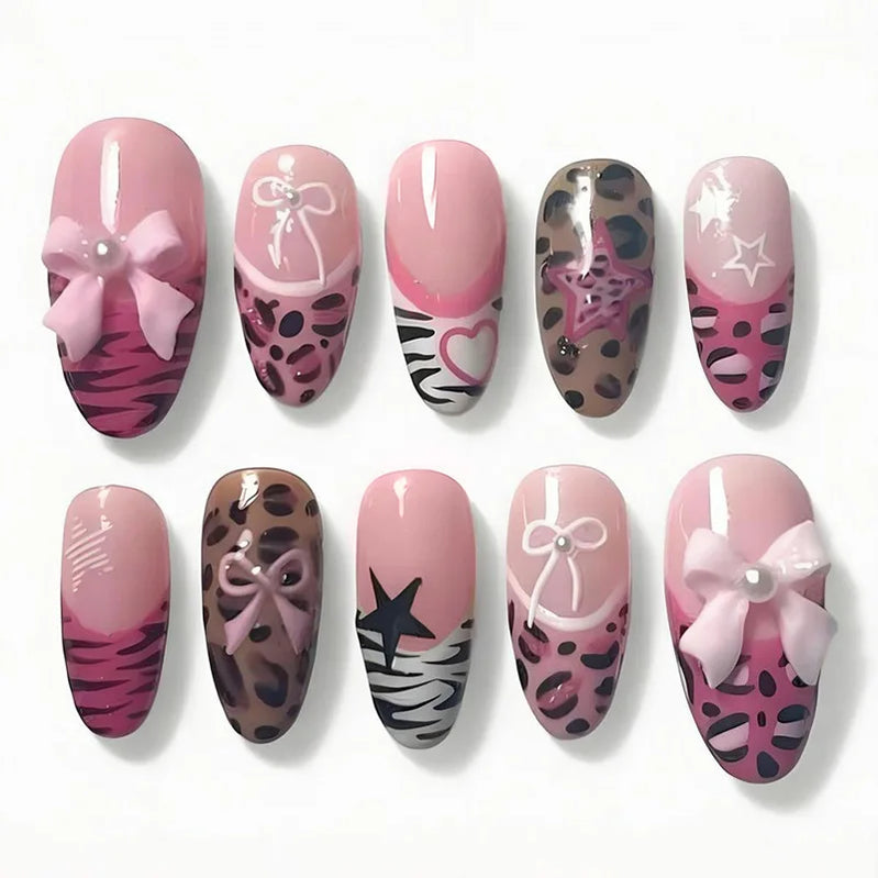 24Pcs Mid-length Almond Nails Set Press on 3D Bow Star Reusable Fake Nails Pink Leopard Print French Full Cover False Nails Tips