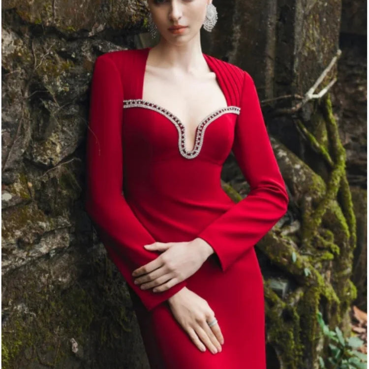 Style Women Long Sleeve Sexy Square Collar Shinning Diamond Bodycon Long Bandage Dress Elegant Evening Mermaid Outfit