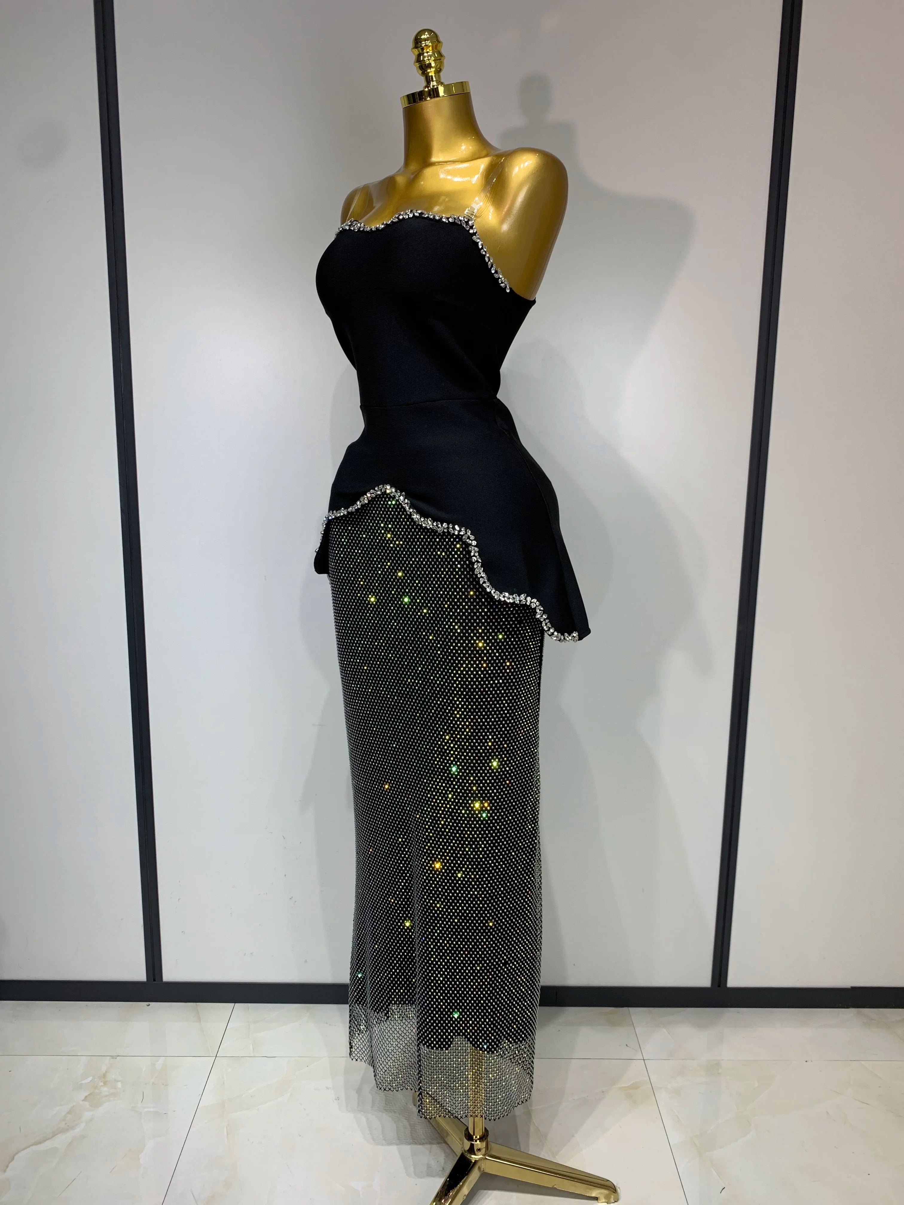 High Quality Black Design Sleeveless Rhinestone Top + Hot diamond Skirt Suit Evening Party Dress Nightclub Luxury Birthday Gown