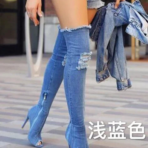 Fashion Women High Heels Spring Autumn Peep Toe Over The Knee Boots Tight High Stiletto Jeans Boots Cowboy Women Boots Light blue