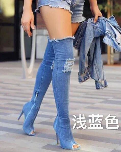 Fashion Women High Heels Spring Autumn Peep Toe Over The Knee Boots Tight High Stiletto Jeans Boots Cowboy Women Boots Light blue