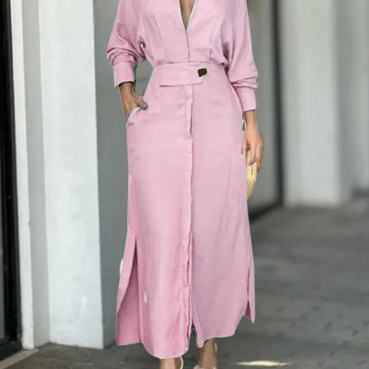 Plus Size Women Dress Elegant Solid Casual V Neck Long Sleeve Dress Long Skirt Pocket Lady Streetwear Dresses For Women pink