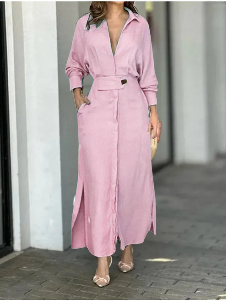 Plus Size Women Dress Elegant Solid Casual V Neck Long Sleeve Dress Long Skirt Pocket Lady Streetwear Dresses For Women pink