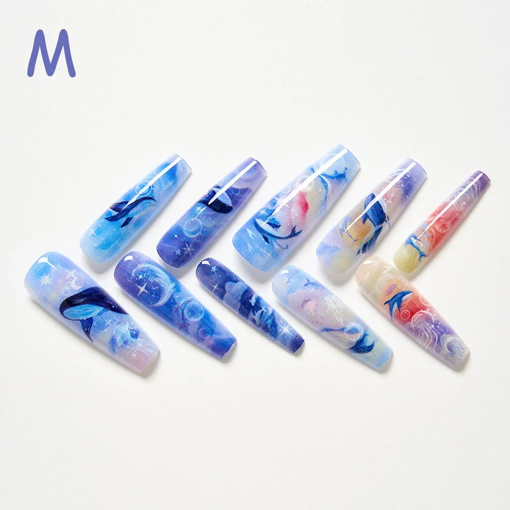 10Pcs/set Lucky Nine-tailed Fox Printed Chinese Style False Nails Long Press-on Acrylic Fakes Nails Adhesive Unique Design