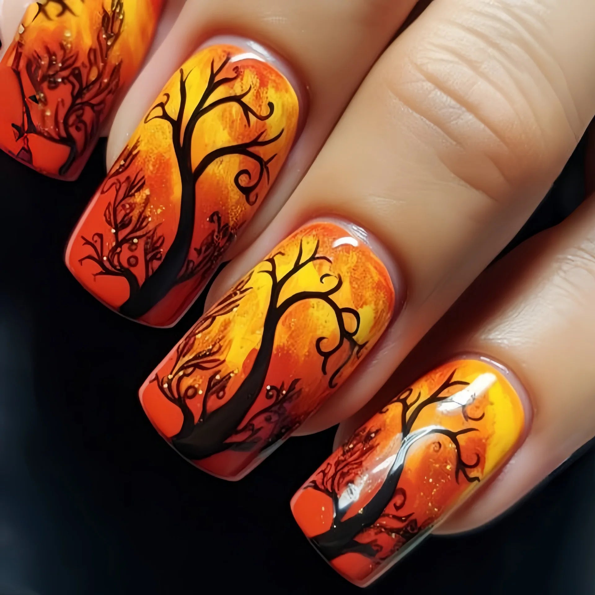 24pcs/set fake nails short middle ballet square nail tips Dreamy colors flowers clouds forest design press on false nails art