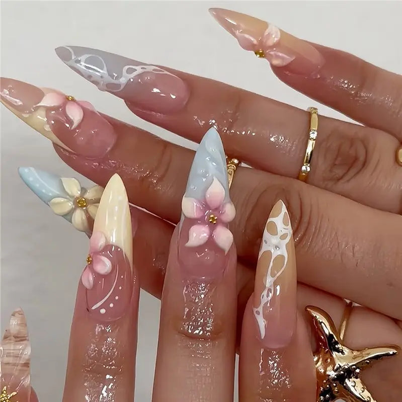 24Pcs Long Stiletto Press on False Nails Wine Red Stripe French Fake Nails 3D Flower Rhinestone Detachable Full Cover Nails Tips