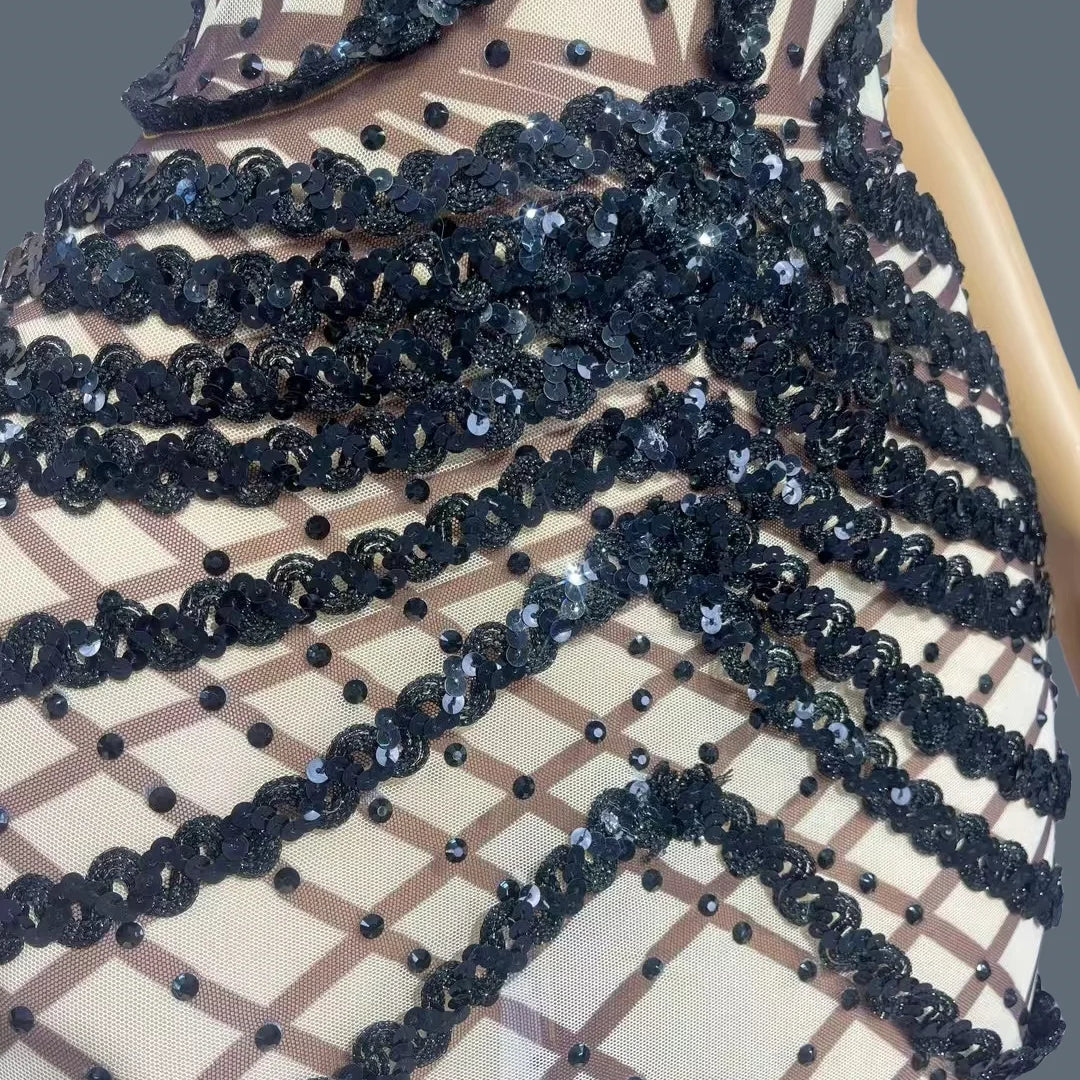Black Sequins Grid Floor-length Dress for Women Luxury Dinners Deep V Neck Ball Dress Club Celebrate Party Strap Dress Kunsuo