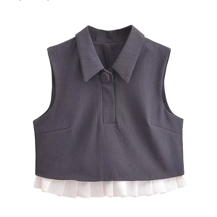 BlingBlingee Summer Women Sleeveless Shirt Mini Skirt Suits Traf Pleated Patchwork Slim Female Crop Top Tanks Sets Y2K Grey