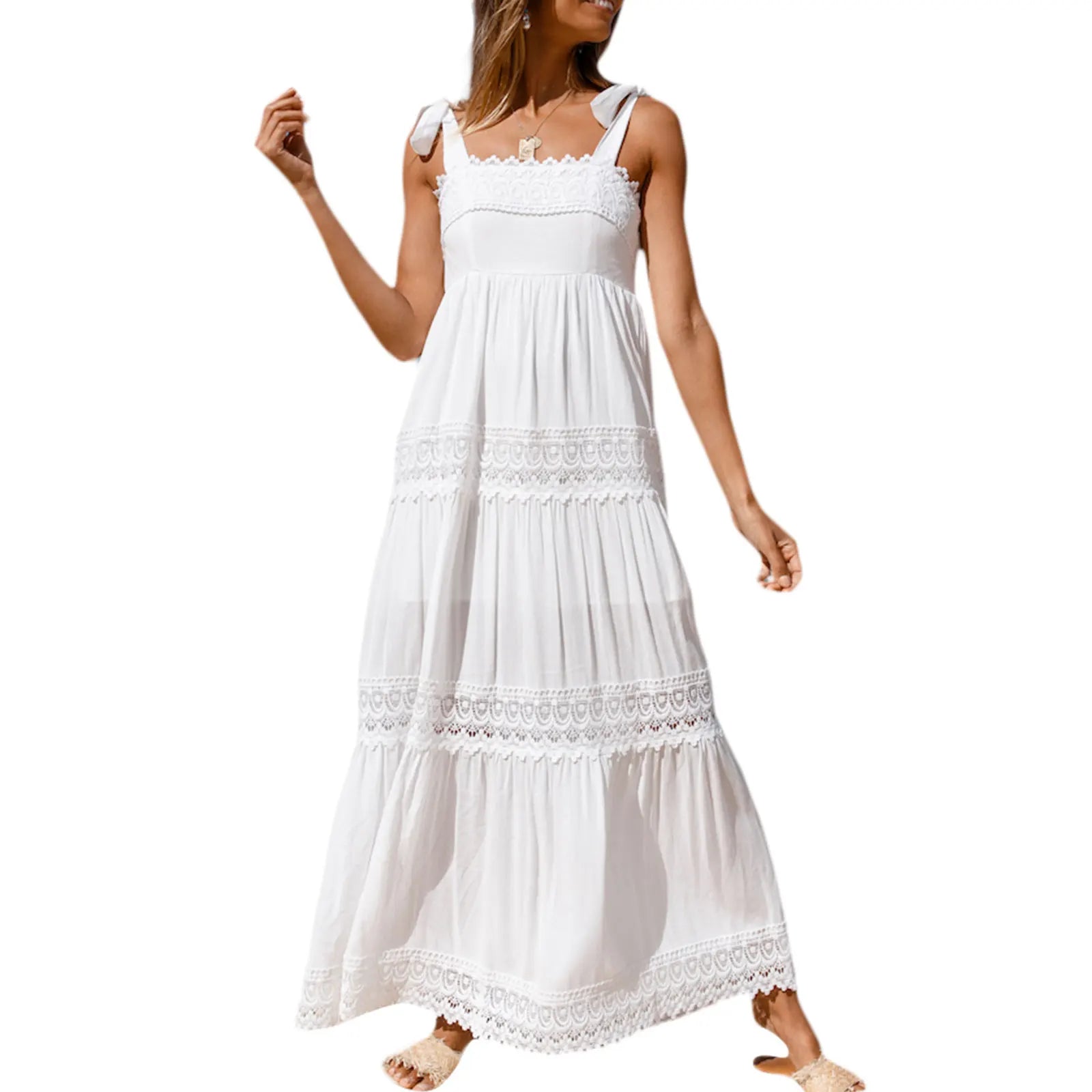 Summer Solid Tunic Women Maxi Dress V Neck Female Elegant Ruffles Party Long Dresses Beach Spaghetti Strap Casual Sundress 5 L
