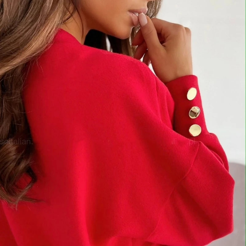 Long Sleeve Knitted Women Sweater V-neck Jumper Office Lady Button Loose Casual Pullover Sweaters