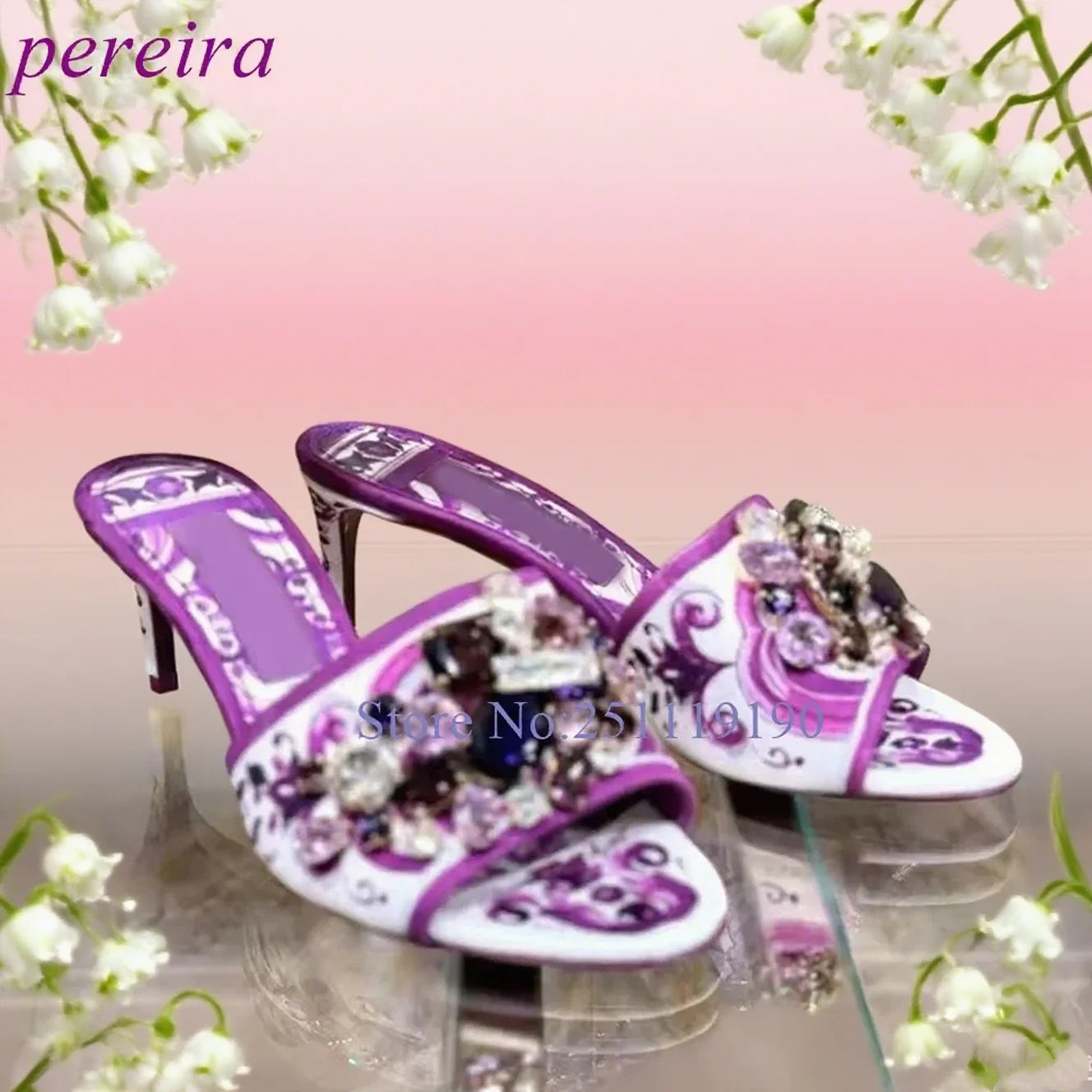 Purple Floral Mule Sandals Open Toe Gemstone Slippers Women Luxury Designer Summer Shoes Classic Slip On Pull On Modern Slides