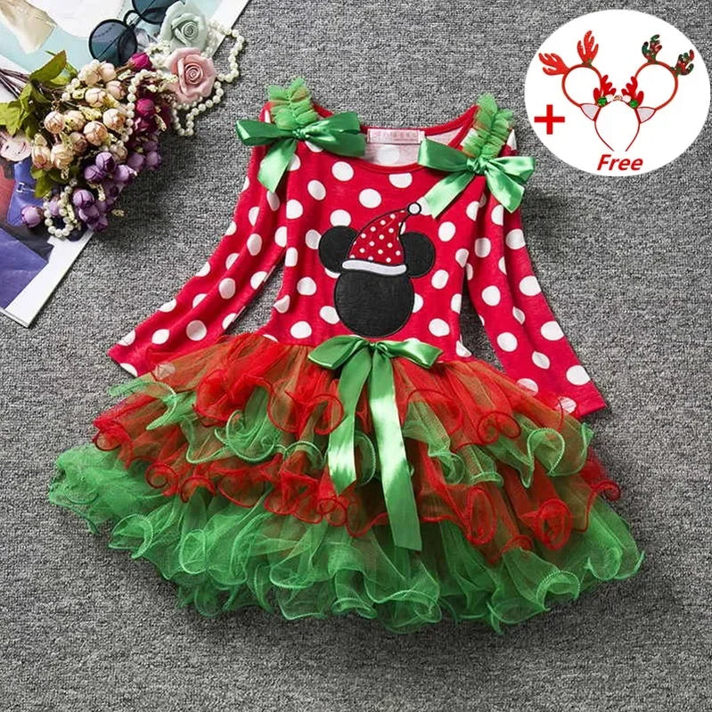 Baby Girls Christmas Costume for 1-5 Yrs Polka Dot Santa Claus Print Xmas New Year Red Dress Kids Princess Party Gown