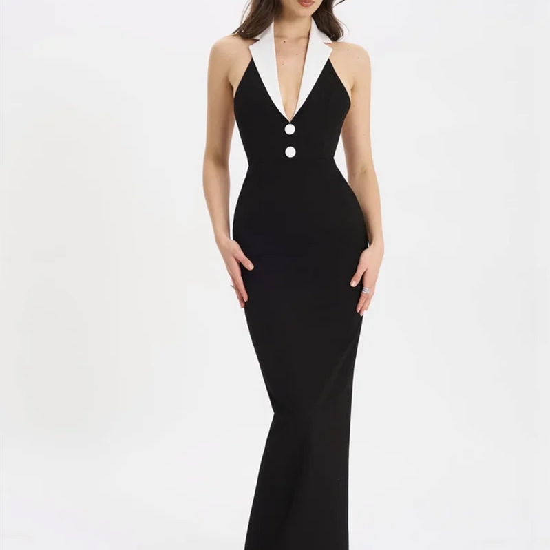 New Arrival Black Color Women Sexy Halter Backless V-Neck Bodycon Long Bandage Maxi Dress High Street Elegant Evening Party Wear